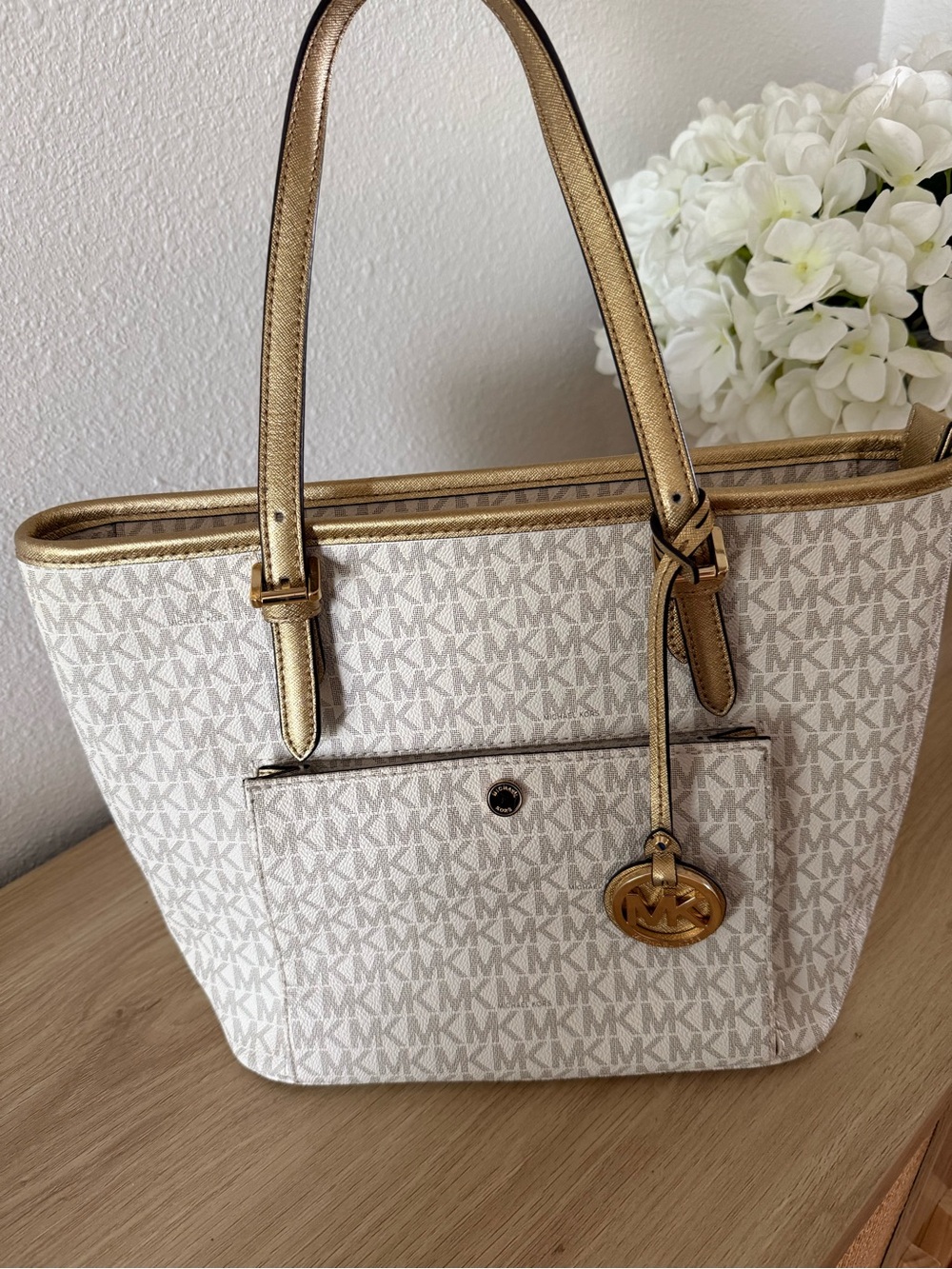 Michael Kors Cream and Gold MK Signature Tote
